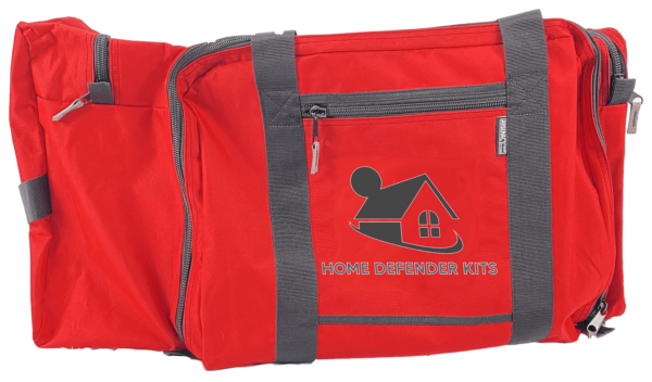 A red bag with the words home defender kits on it.