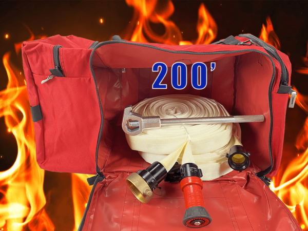 A fire hose is in the bag of a backpack.